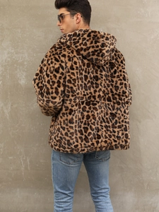 Men's faux fur hooded jacket with leopard print, street style warm winter plush outerwear