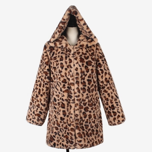 Macro shot of faux fur leopard print texture and hood detail on this casual warm coat