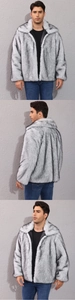 Close-up showing the grey faux fox fur texture and lapel design of the men's short jacket