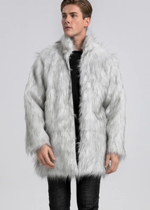 Detailed texture of thick faux fur material on the light gray stand-collar winter coat