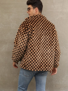 Mens checkered faux fur jacket with stand collar and brown plaid plush texture back view