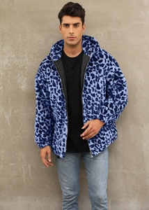 Detail of the hooded leopard print faux fur jacket with diamond quilted lining