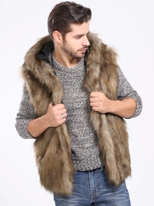 Men's brown hooded faux fox fur vest with thick texture for winter warmth