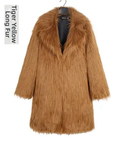 Detail of tiger yellow faux fur coat showing long plush texture and wide lapel collar