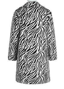 Back view of a long faux fur coat with black and white zebra pattern on a white mannequin