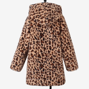 Back view of a hooded faux fur jacket featuring a detailed leopard print pattern