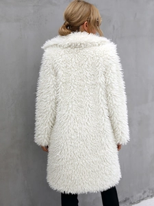 Back view of a white faux fur teddy coat with a long-sleeved lapel design for winter wear