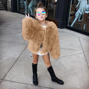 Kids faux fur short coat in camel brown with collarless design for autumn and winter