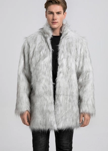 Macro shot of men's faux fur coat showing thick light gray texture and stand collar