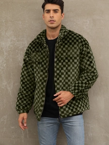Men's stand collar faux fur jacket featuring a green and black checkerboard pattern