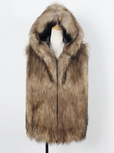 Men's faux fox fur hooded vest in natural brown gradient with high-quality thick pile texture