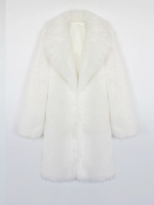Detailed view of plush faux fox fur texture and smooth satin lining on a long white coat