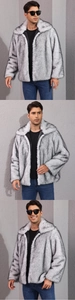 Detailed close-up showing the grey faux fox fur texture and lapel collar of the men coat
