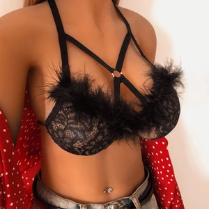 Sexy black lace lingerie bra featuring feather trim and gothic harness straps design