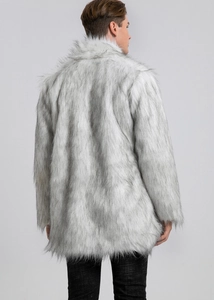 Back view of a premium faux fur jacket for men with a white and light grey gradient