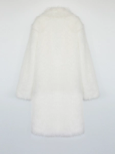 Macro detail of high-quality white faux fur texture on long winter coat back view