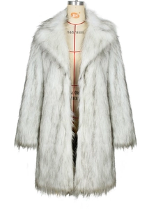 Detail view of grey faux fox fur texture and large lapel collar on long winter coat