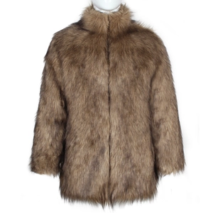Detailed view of brown faux fur texture and stand collar on men's winter coat