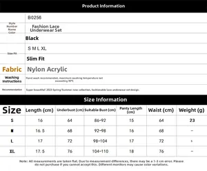 Detailed size guide table for black lace lingerie set with measurements S to XL