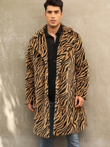 Men Fashion Faux Fur Long Coat Leopard Tiger Zebra Print Outerwear Winter Warm Thick Overcoat With Suit Collar