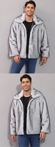 Close-up detail of grey and white faux fur texture on a luxury men lapel collar coat