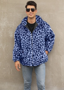 Detail of men's blue leopard print faux fur hoodie with plush texture and front zipper