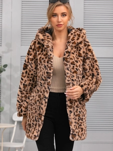 Women's Casual Leopard Print Faux Fur Hooded Coat Winter Thick Warm Mid-Length Man-Made Fur Jacket Outwear For Lady