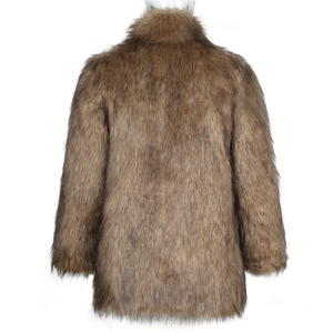 Back view of a men's brown faux fur coat with thick long-haired plush texture