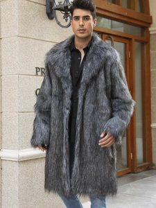 Men's luxury mid-length faux fox fur coat in grey with elegant wide notch lapel