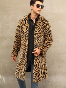 Men's faux fur coat featuring zebra print and wide lapels for a stylish winter look