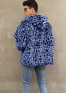 Back view of a men's blue leopard print faux fur hoodie with zipper closure