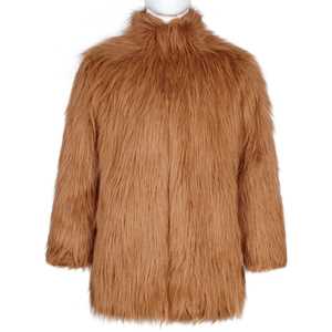Detailed close-up of brown faux fur texture and stand collar on men's winter jacket