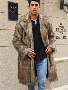 Men's faux fox fur coat in brown gradient, long-length luxury notched lapel overcoat