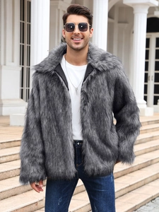 Detail of grey faux fur coat featuring wide lapels and premium fluffy texture for men