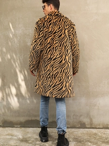 Men's faux fur coat with bold tiger and zebra print pattern, long sleeves and notched lapel