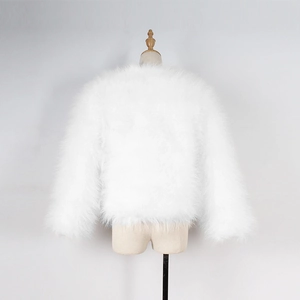 Rear view of white faux fur coat for kids showing soft fluffy texture and short cut