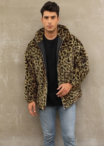 Detail of men's leopard print faux fur jacket showing the soft texture and zipper
