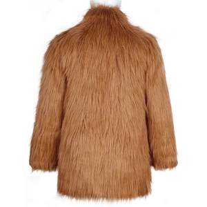 Detailed back view of a men's brown faux fur coat showing thick fluffy texture and collar