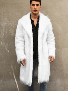 Men's long faux fox fur coat in white featuring a large lapel and knee-length cut