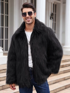 Close-up of premium black faux fur jacket with large lapel and thick texture details