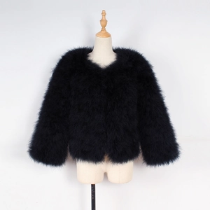 Detailed macro view of the fluffy ostrich faux fur texture on this black jacket