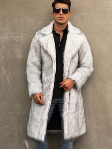 Men's mid-length faux fox fur coat with lapel collar in black and white mixed color