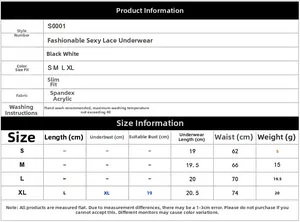 Tableau des tailles détaillé pour culottes en dentelle avec mesures en cm de S à XL
