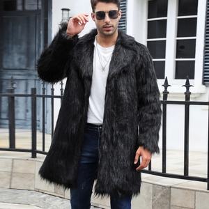 Men's stylish black long faux fox fur coat with a classic lapel collar for winter fashion