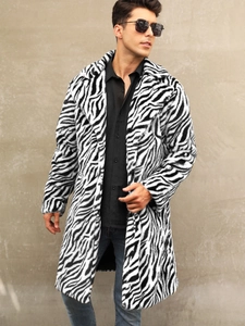 Men's mid-length faux fur coat with bold black and white zebra print and wide lapels