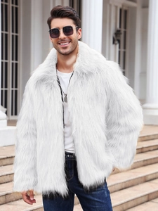 Close-up of white faux fur texture on men lapel jacket with fluffy premium finish