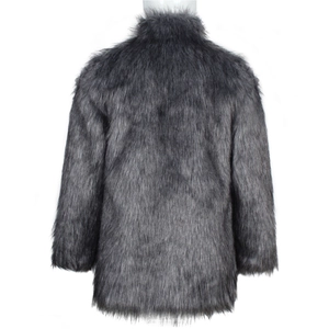 Back view of thick charcoal grey faux fur winter coat for men with stand collar detail