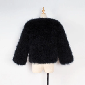 Detailed view of black faux fur cropped jacket with soft layered ostrich style feathers