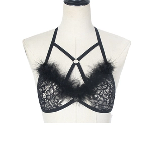 Sexy black lace cage bralette with metal ring and feathered cups on mannequin