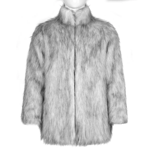 Detail of silver-grey faux fur coat showing plush texture and stand-up collar design